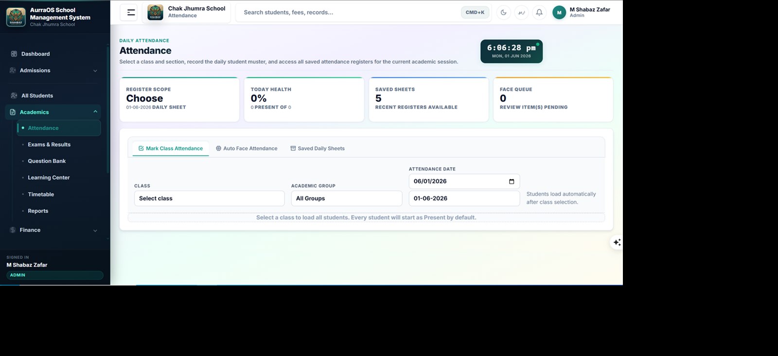 AurraOS real attendance screenshot showing class selection, saved sheets, and daily attendance register