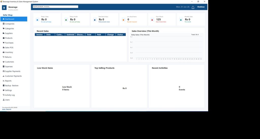 Beverages Shop Software real dashboard screenshot - POS and inventory overview
