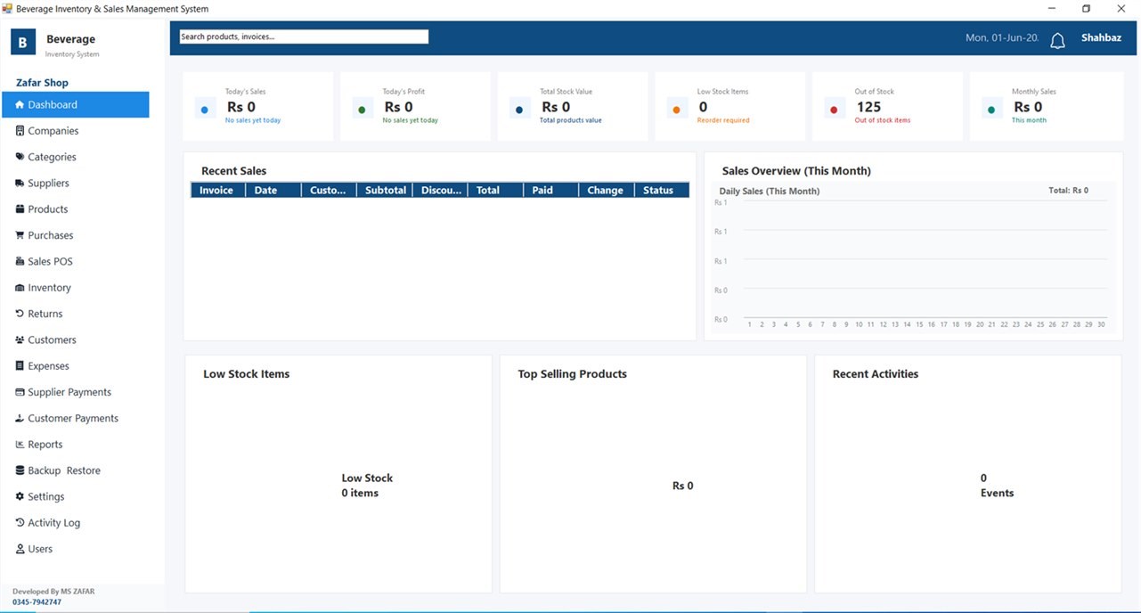 Beverages Shop Software real dashboard screenshot showing sales, stock, POS, inventory, reports, suppliers, and customers