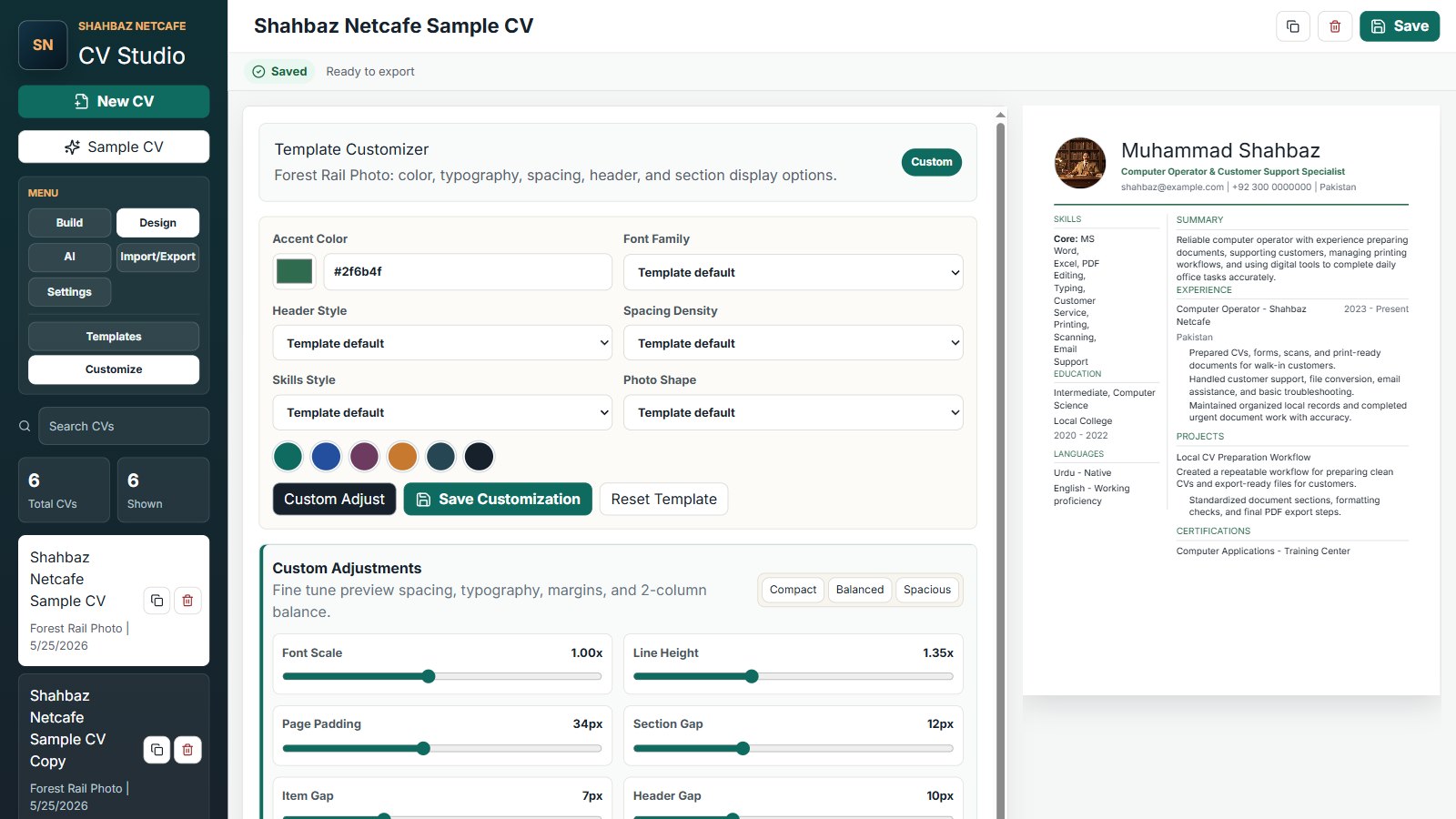 CV Maker Pro real app screenshot showing CV editor, template customizer, and live preview